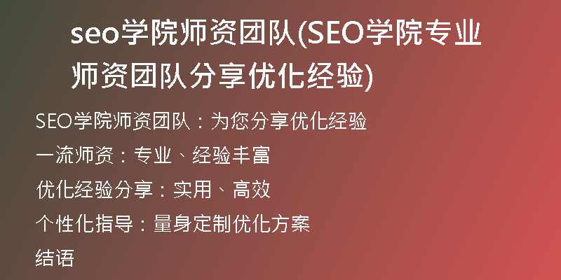 seo學(xué)院師資團(tuán)隊(SEO學(xué)院專業(yè)師資團(tuán)隊分享優(yōu)化經(jīng)驗)