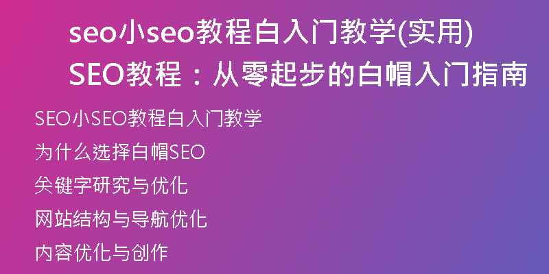 seo小seo教程白入門教學(實用SEO教程：從零起步的白帽入門指南)