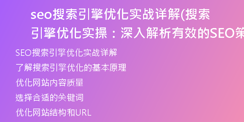 seo搜索引擎優(yōu)化實戰(zhàn)詳解(搜索引擎優(yōu)化實操:深入解析有效的SEO策略)