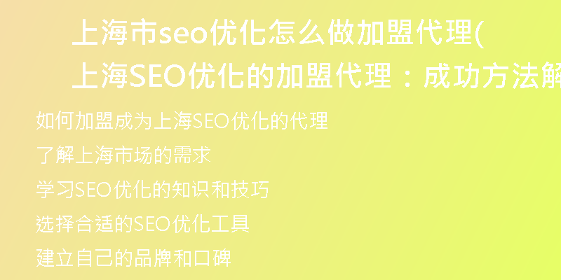 上海市seo優(yōu)化怎么做加盟代理(上海SEO優(yōu)化的加盟代理：成功方法解析)